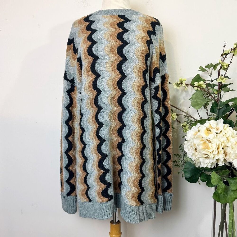 Show Me Your Mumu Retro Wave Oversized Knit Sweater Blue Tan Black | Medium
